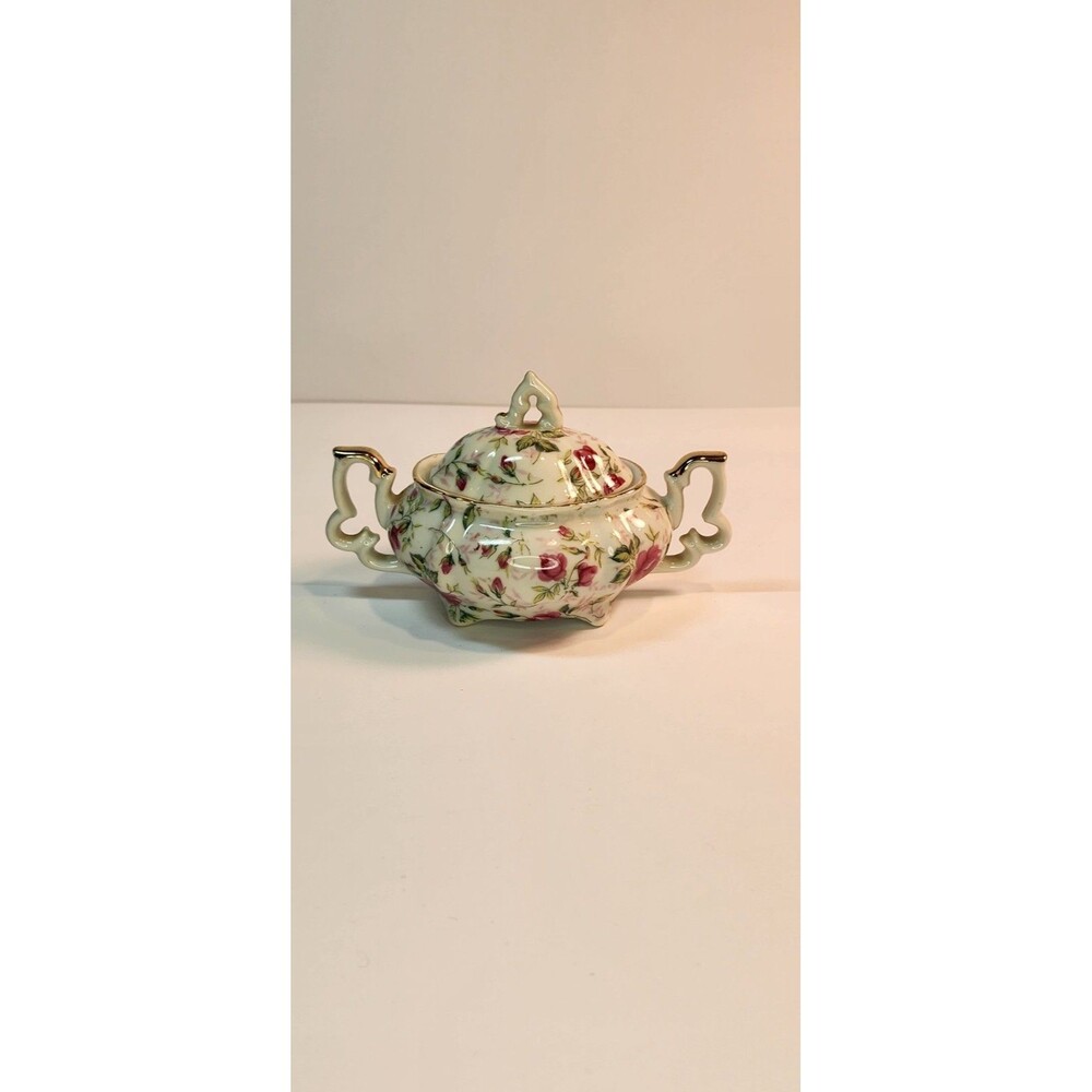 Vintage Lefton China Hand Painted Roses Small Sugar Bowl 663R Read